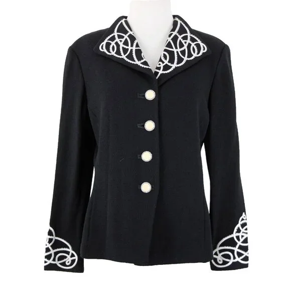 St John Evening Sz 8 Black White Paillette Rhinestones Santana Knit Jacket